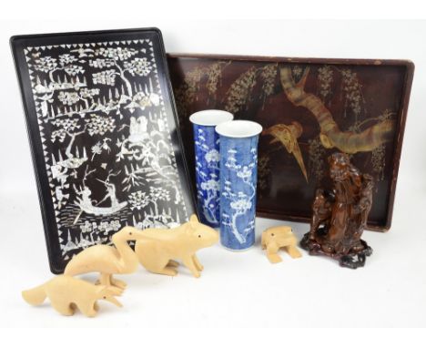 Chinese lacquer tray, mother of pearl inlaid tray, Chinese root-wood carving, pair of blue and white prunus sleeve vases and 