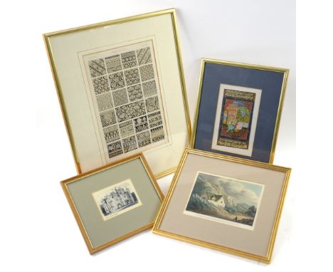 Collection of pictures and prints to include a Murghal miniature, a chimney sweep woodblock and corresponding print, hand-col