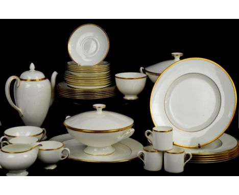 Wedgwood California dinner service in white with gold band, to include coffee pot, cream, sucrier, two tureens, and teacups, 