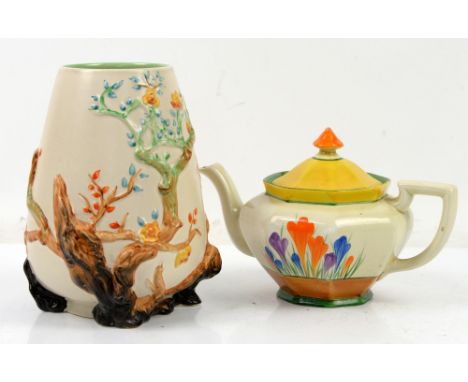 Clarice Cliff Newport Pottery relief decorated vase, no 989 - 20cm , and a Crocus pattern teapot       