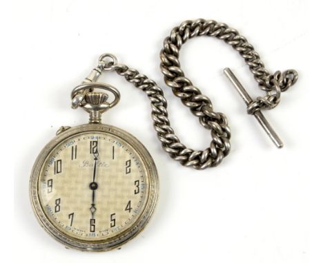 Baltic pocket watch, blue enamel hands, hour markers with silver Albert chain with T bar and swivel clasp       Silver gross 