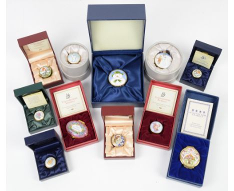 Collection of 11 enamel boxes, with original boxes, most with certificate, to include Halcyon Days, Staffordshire Enamels, Cr