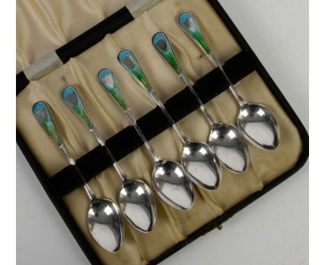 Cased set of six silver and enamel spoons by AJ Bailey, Birmingham 1910       