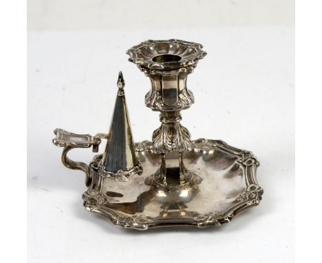 George IV silver chamberstick with floral scrolled decoration, with detachable sconce and snuffer, by Henry Wilkinson and Co,