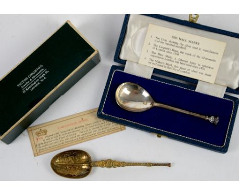 Cased Mappin &amp; Webb silver seal top spoon and a cased gilt anointing spoon by Wakeley &amp; Wheeler, London 1936       