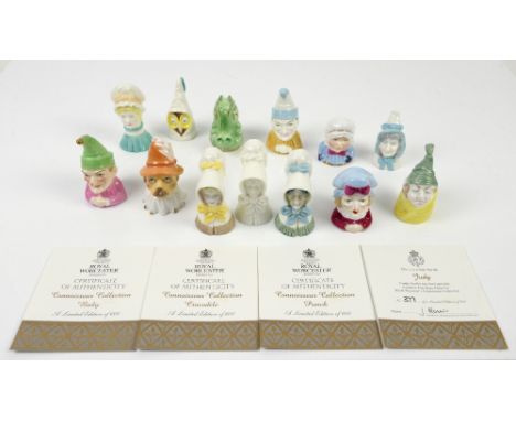 A collection of 13 various candle snuffers by Royal Worcester in the form of head and shoulders, including Punch and Judy, Mr