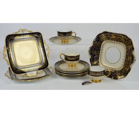 Paragon blue and gilt fine bone china tea service to include side plates, jug, sugar bowl, dishes, 12 cups and saucers, and e