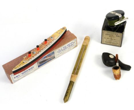 A unique 'Take-to-pieces' model of RMS Queen Mary made by Chad Valley, a jam thermometer, an Allcocks Bakelite fishing reel a