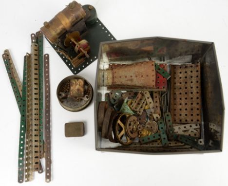 Pine tool chest, with a selection of woodworking tools, small quantity of meccano and a steam engine       