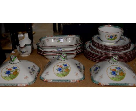 Copeland late Spode part Dinner Service, each piece with turquoise border and decorated with cartouches and Oriental vases, m