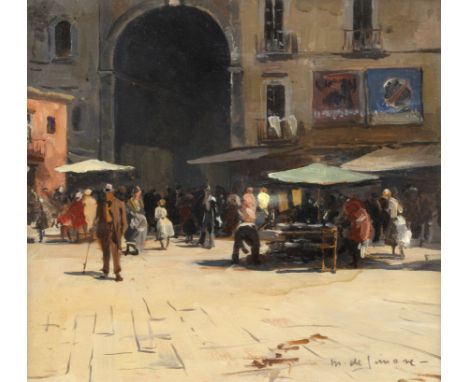 M. de Simone (20th century)A Continental market square, signed, oil on board, 16.5 x 19cm