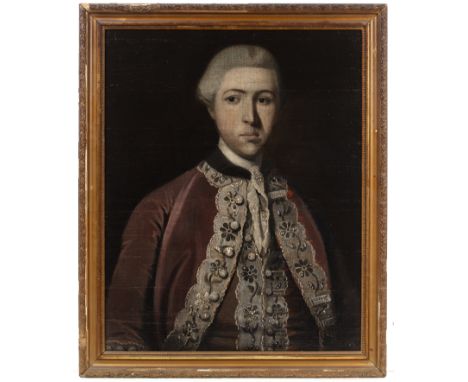 English School (early 18th century)Portrait of a gentleman in court dress, with powdered grey wig, his rose velvet jacket and