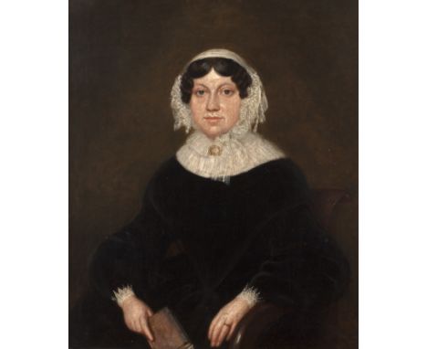 English School (19th century)Portraits of a lady and gentleman, she in a lace collar and bonnet, he in a dark coat and white 