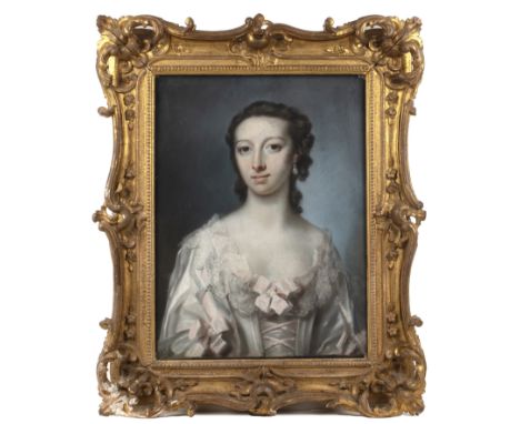 Attributed to Francis Cotes (1726-1770)Portrait of a lady, possibly Catherine Talbot (1721-1770), wearing a lace trimmed pale