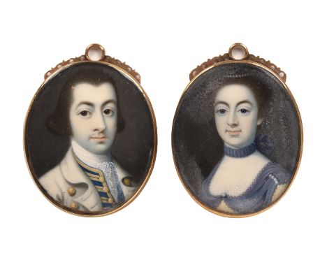 Gustavus Hamilton (1739-1775)A pair of miniature oval portraits, of a naval officer, in brocade trimmed blue jacket and white