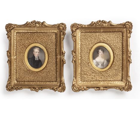 Attributed to George Hargreaves (1797-1870)A miniature oval portrait of a lady, and companion portrait of a gentleman, she we