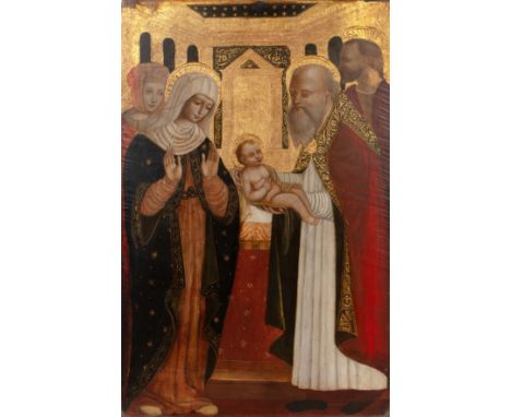 Follower of Fra Angelico The presentation of the Christ Child, gilt heightened oil on antique wood panel, 91 x 59cm  The pane