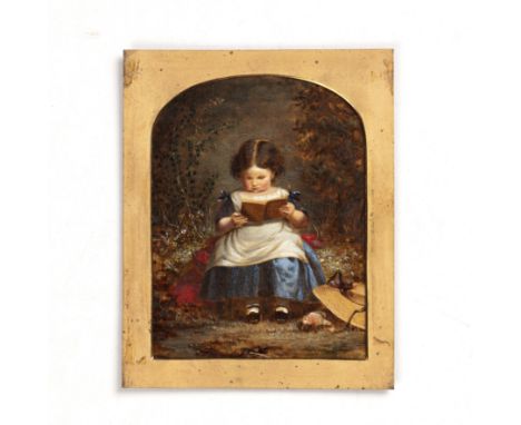 English School (late 19th century)A young girl seated with a book, wearing a blue dress with white pinafore, a straw hat and 
