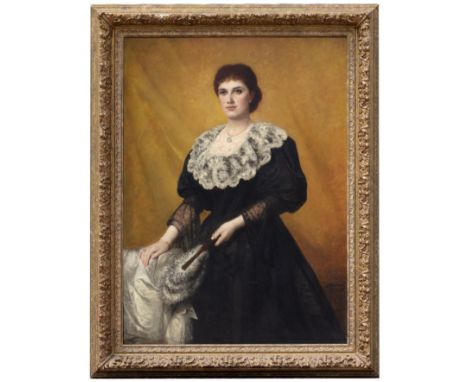 Actillio Baccani (act. 1844-1889)Portrait of a young lady, three-quarter length, wearing a black dress with lace collar and h