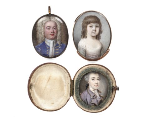 English School (18th century)A miniature oval portrait of a gentleman, in gilt brocade trimmed blue coat with powdered grey w