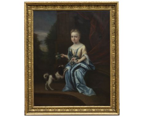 English School (early 18th century)Betrothal portrait of a young girl with posy of flowers and spaniel with country house in 
