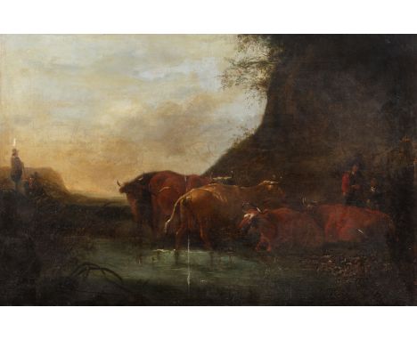 Circle of Dyonis van Dongen (1748-1819)Cattle watering at a pool, oil on canvas, 41 x 61cm (unframed)  Has an old lining. Pat