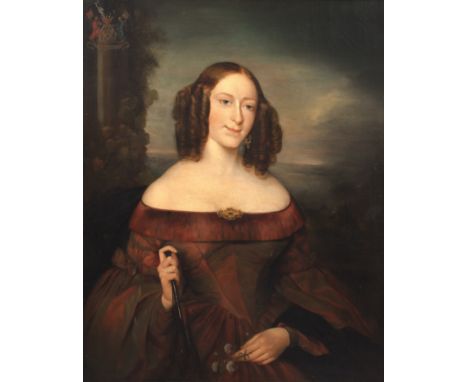 English School (19th century)Portrait of a lady, wearing a red dress with brooch at her decolletage, holing a posy and paraso