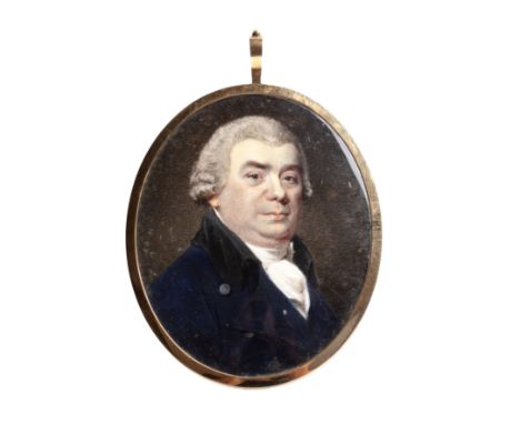 English School (18th century)A miniature oval portrait of a gentleman, with grey powdered wig, wearing a dark blue coat with 