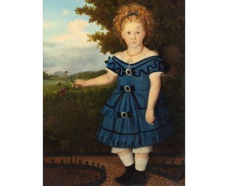 English Naive School (19th century)Portrait of a young girl, full length wearing a lace trimmed blue dress, standing in a ros