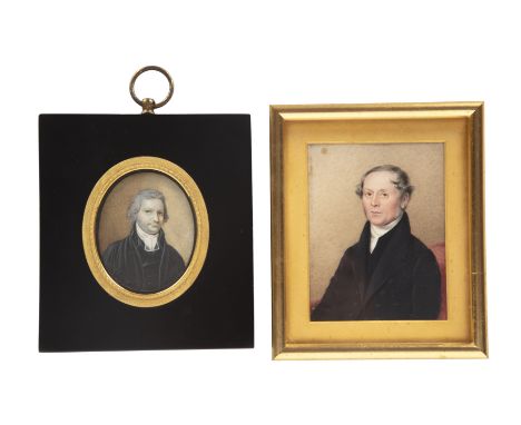 English School (early 19th century)A miniature oval portrait of a gentleman, wearing black coat with white stock, watercolour