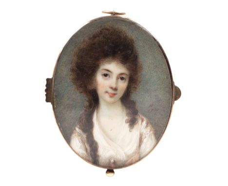 Horace Hone (1754/6-1825)A miniature oval portrait of a lady, bust length, wearing a pale pink dress and with cascading dark 