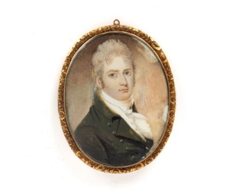 English School (19th century)A miniature oval portrait of a gentleman, bust length, wearing dark green coat and white stock, 