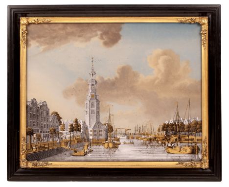 Jonas Zeuner (1727-1814)View of Montalbano from the Ridderbrug, Amsterdam, signed 'Zeuner Fec', verre églomise, 40 x 50.5cmPr