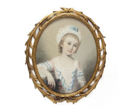 Attributed to John Theodore (II) Heins (1732-1771)Portrait of Mary Harbord, wearing a white lace dress and bonnet trimmed wit
