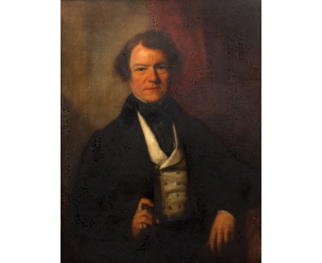 English School (19th century)Portrait of a gentleman, seated half length wearing dark jacket, light waistcoat and holding a c