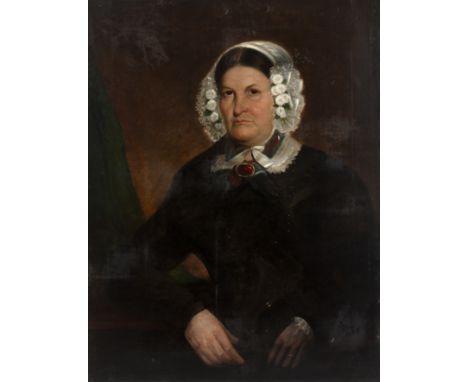 English School (19th century)Portrait of a lady, seated half length wearing a white flower trimmed lace bonnet, a brooch to h