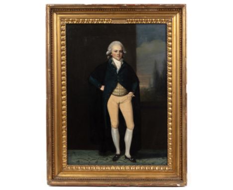 English School (18th century)Portrait of a gentleman, full length, with powdered wig, wearing a dark coat with checked waistc