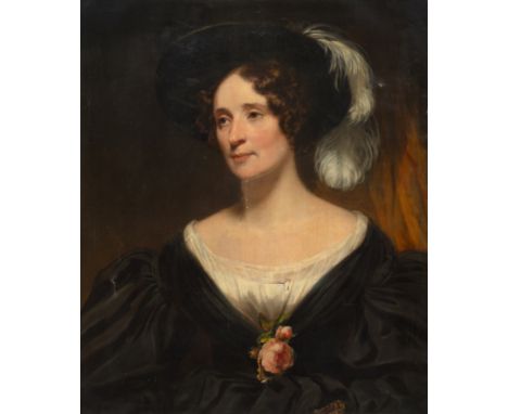 English School (19th century)Portrait of Jane Booth, née Noble (d.1872), wearing a feathered hat and rosebud corsage, oil on 