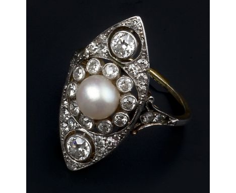 A DIAMOND AND HALF PEARL PANEL RING, the pierced navette-shaped panel centred with a half pearl and old brilliant-cut diamond