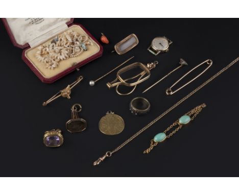 A COLLECTION OF ANTIQUE AND LATER JEWELLERY, comprising a diamond set stick pin, modelled as a grouse, with rose-cut diamond 