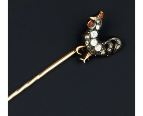 A COLLECTION OF STICK PINS, comprising an enamel and diamond set cockerel stick pin, highlighted with old and lasque-cut diam
