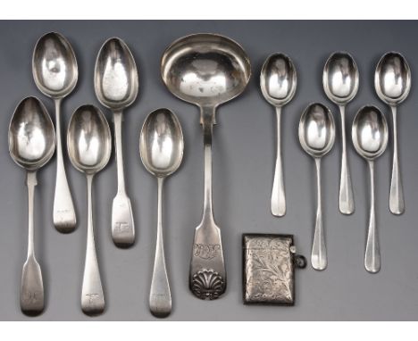 A SILVER FIDDLE AND SHELL PATTERN SAUCE LADLE, 17cm long, Newcastle 1856 by Lister & Sons; a set of five rattail pattern teas
