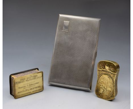 A SILVER CIGARETTE CASE with engine turned decoration, 14cm long, Chester 1946 by Donald Collins, 7.0 troy oz; a brass matchb