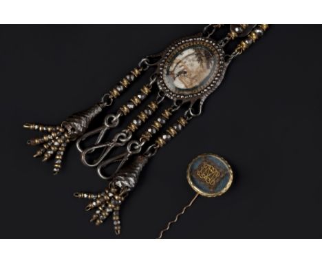 A MEMORIAL STICK PIN AND A CHATELAINE, the stick pin with oval panel incorporating possibly late 17th century elements, compr