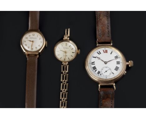 THREE WRISTWATCHES, comprising a gold cased wristwatch, with white enamel dial, Roman numerals and subsidiary seconds dial, o
