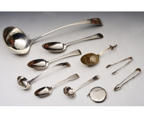 A SCOTTISH OLD ENGLISH PATTERN TABLESPOON with marks for Aberdeen; a Victorian sifter spoon with engraved handle and shaped b