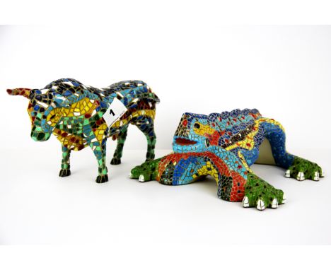 Two Spanish Gaudi inspired ceramic items, Bull H.12.5 cm L. 22 cm.