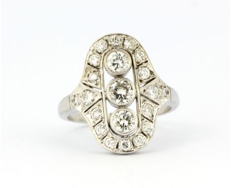 A white metal (tested 18ct gold) ring set with brilliant cut diamonds, approx. 1.25ct, (P.5).