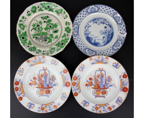 Two 19th C. hand painted Ashworth bowls together with a Masons iron stone plate and an Adams plate, Dia. 27cm.