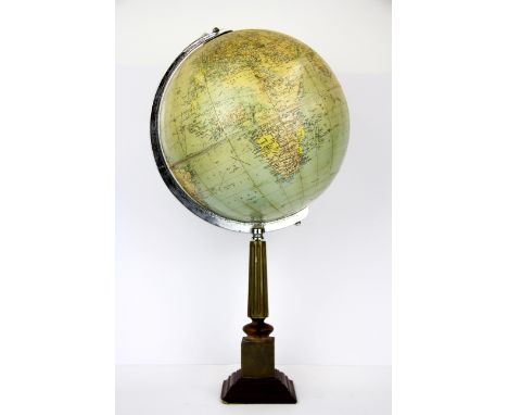 A pre World War II Philips 10" Challenge Globe mounted on a brass pedestal, H. 49cm.